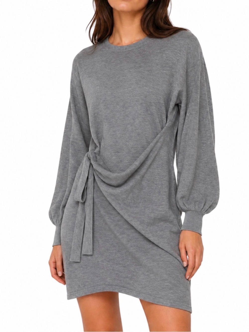 NWT Gray Tie-Waist Long Sleeve Knit Wrap Sweater Dress Minimalist Small